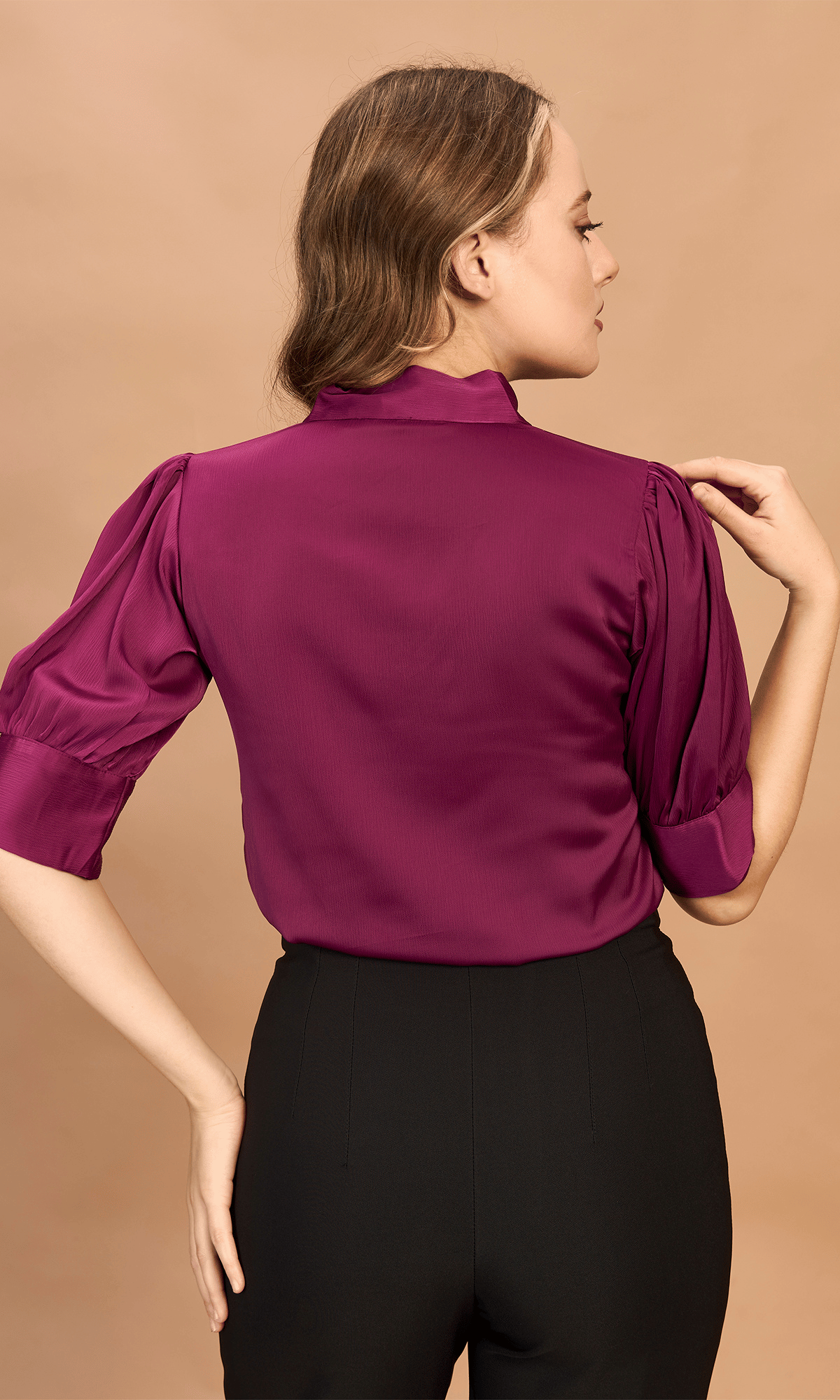 Velour Purple Satin Tie Neck Top