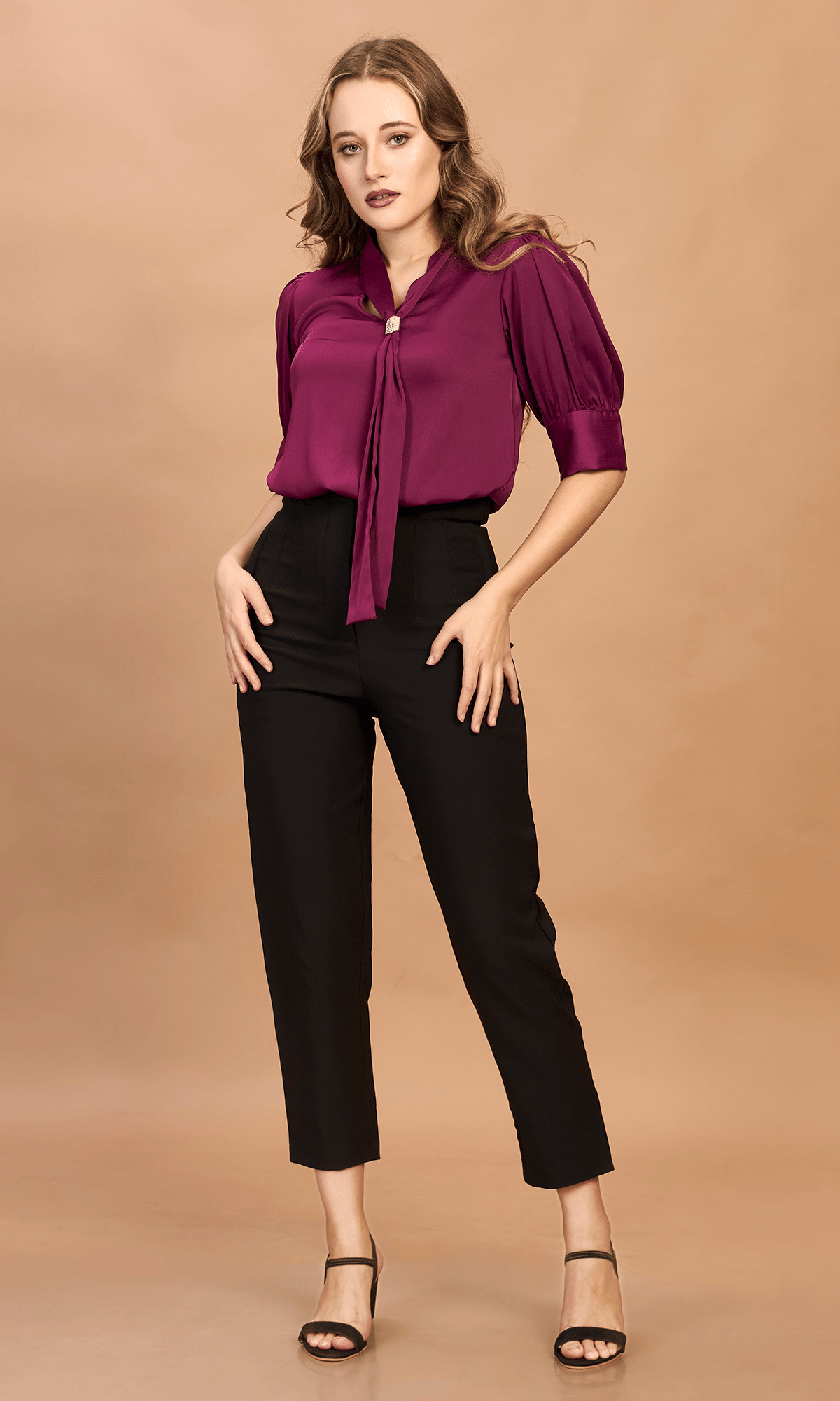 Velour Purple Satin Tie Neck Top