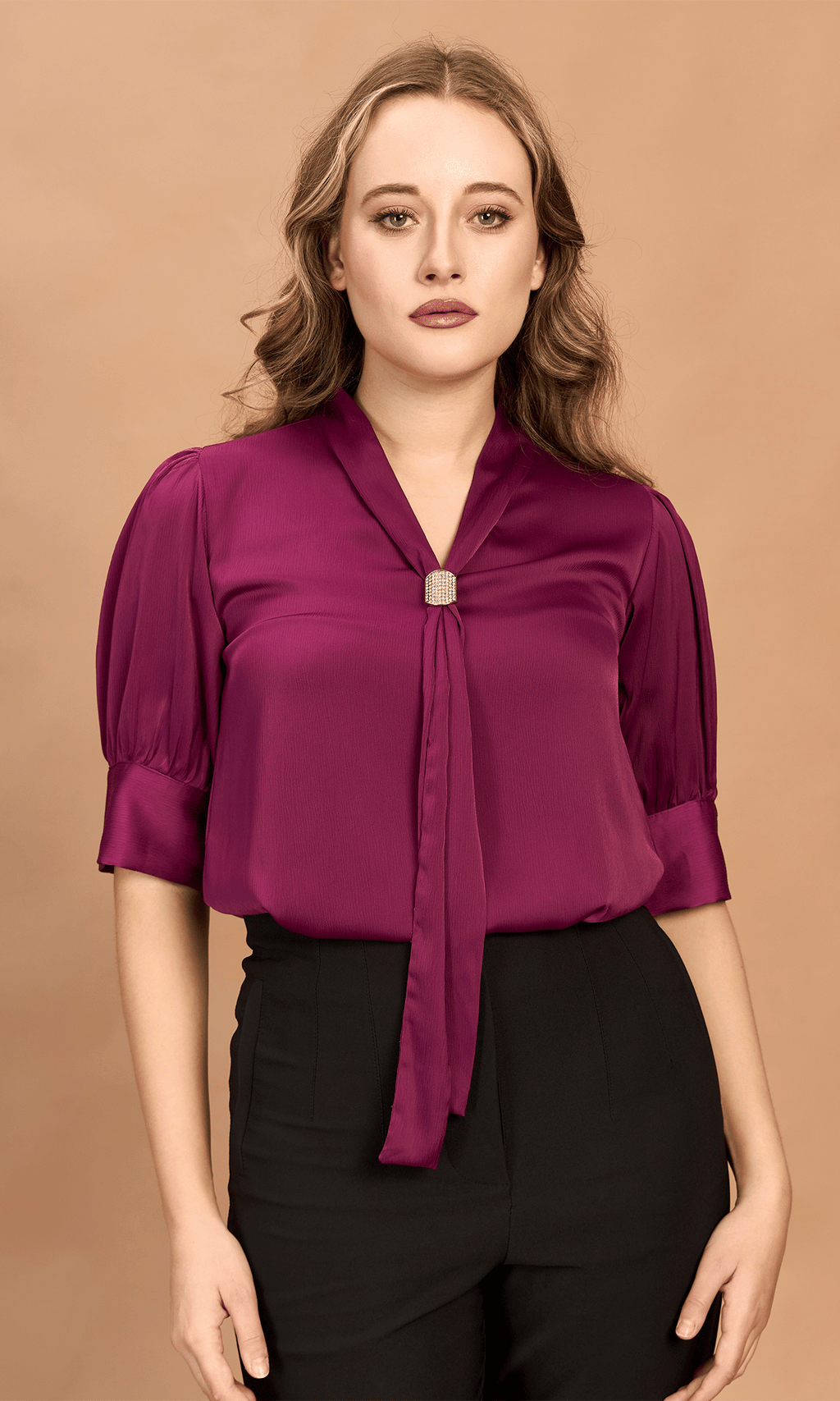 Velour Purple Satin Tie Neck Top