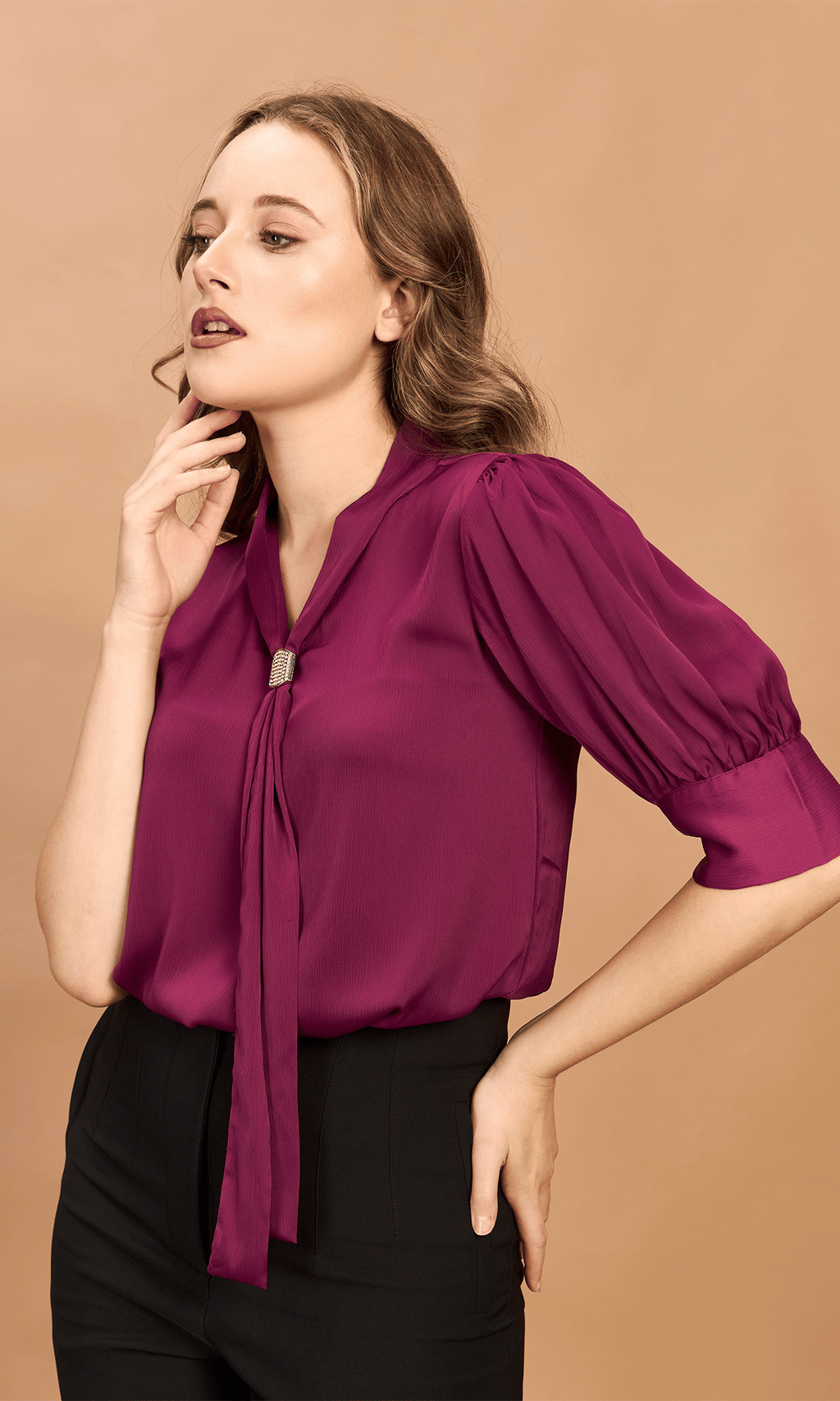 Velour Purple Satin Tie Neck Top