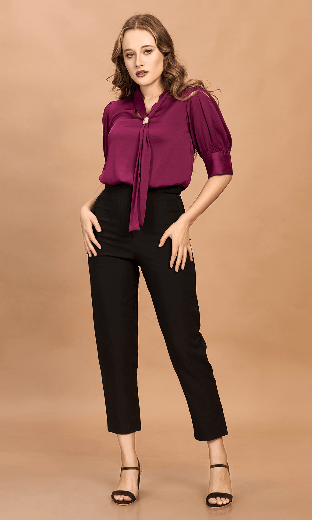 Velour Purple Satin Tie Neck Top